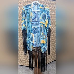 Millau Blue Paisley boho Festival Oversized Kimono swim cover with fringe [107]